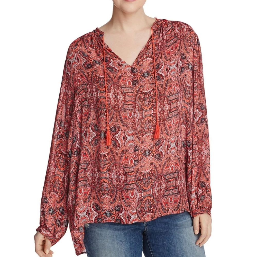 Lucky Brand Red Paisley Peasant Tassel Tie Blouse Size Small